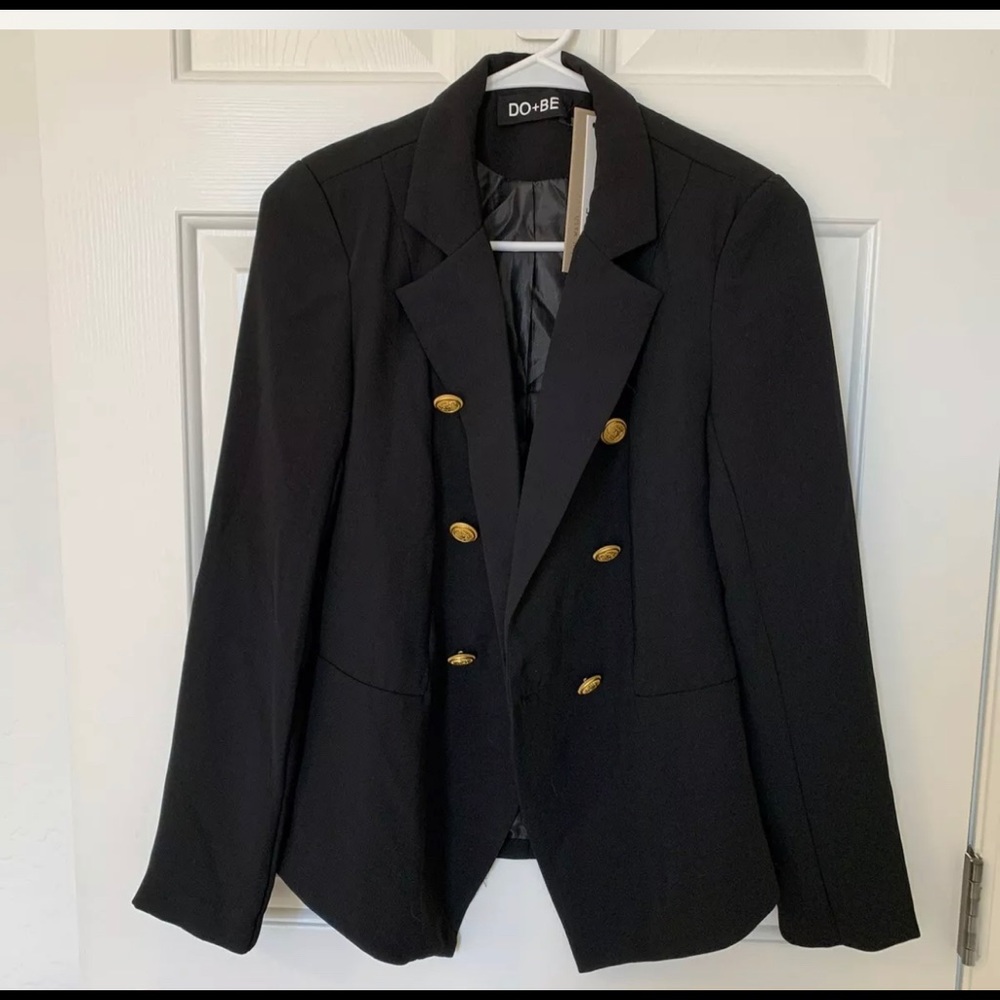 Double Breasted Black Blazer Gold Buttons Gem